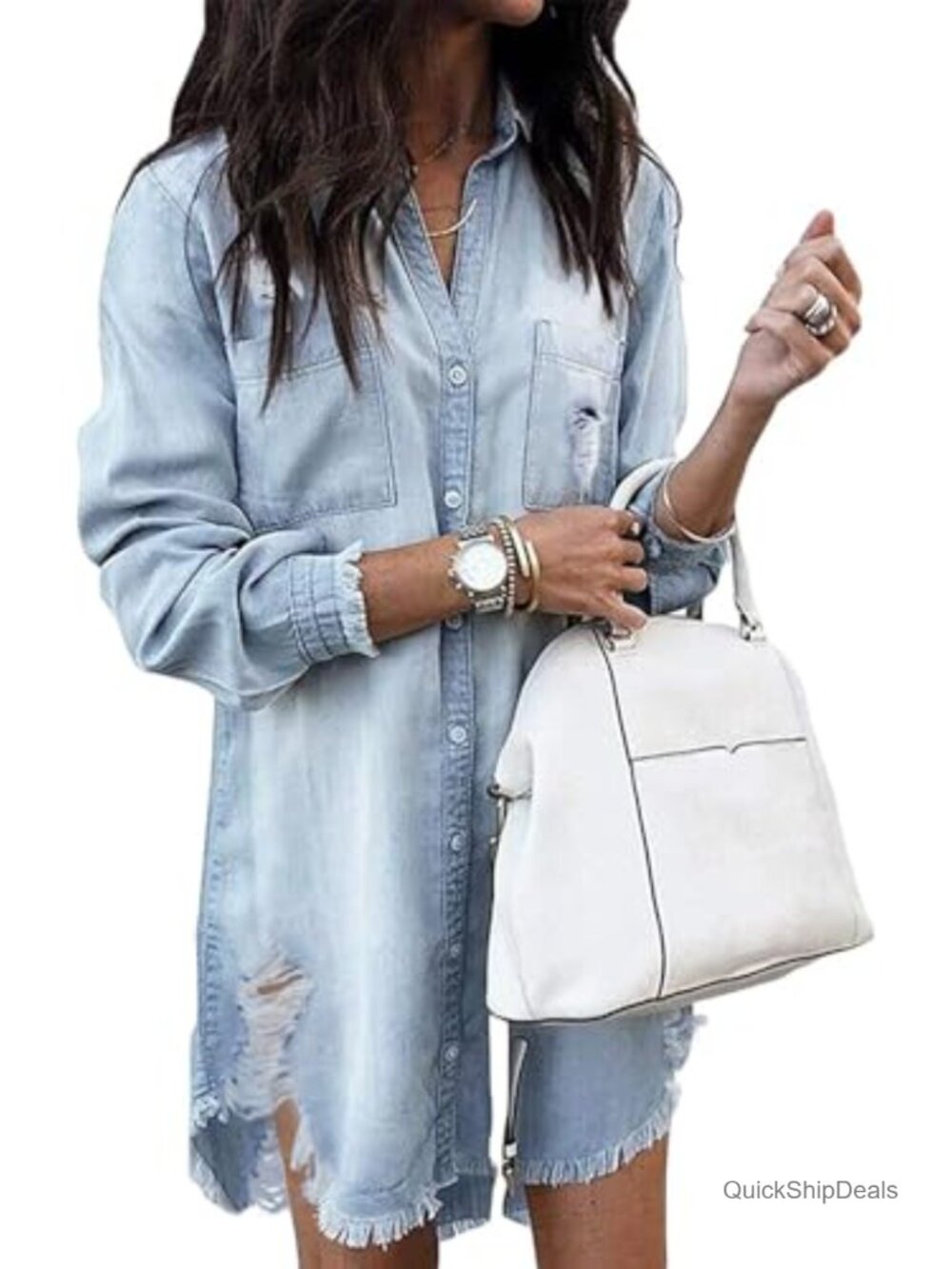 Women Denim Dress Long Sleeve Button Down Western Jean Shirt Frayed Hem